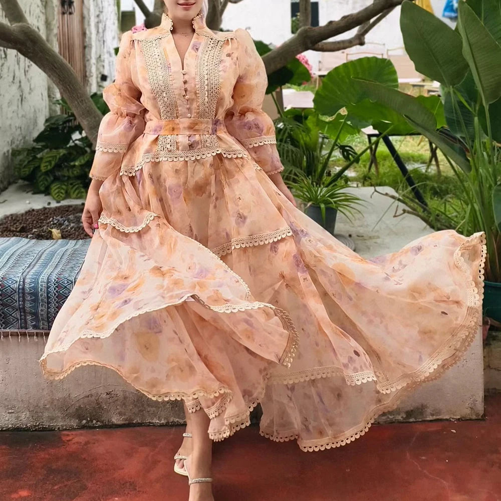 VGH Spring Colorblock Printing Dress for Women Stand Collar Puff Sleeves High Waist Elegant Birthday Party Long Dresses Female