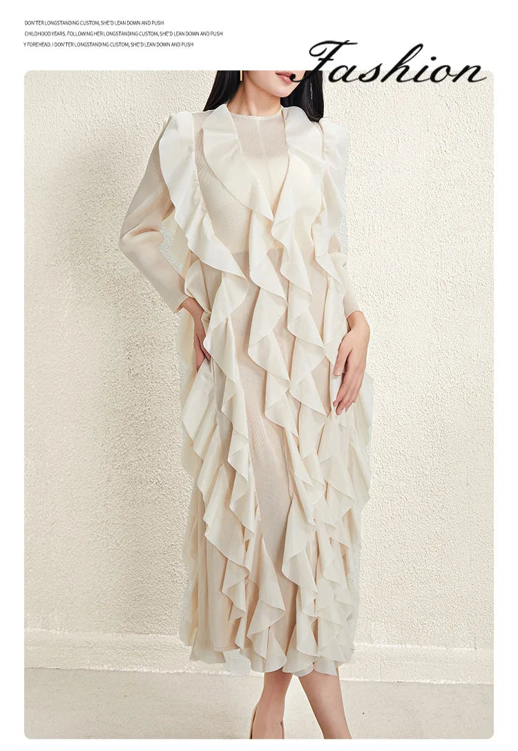 Miyake Style Pleated Dress for Women 2025 Solid Color Round Neck Long Sleeve Loose Large Size Ruffled Irregular Long Skirt