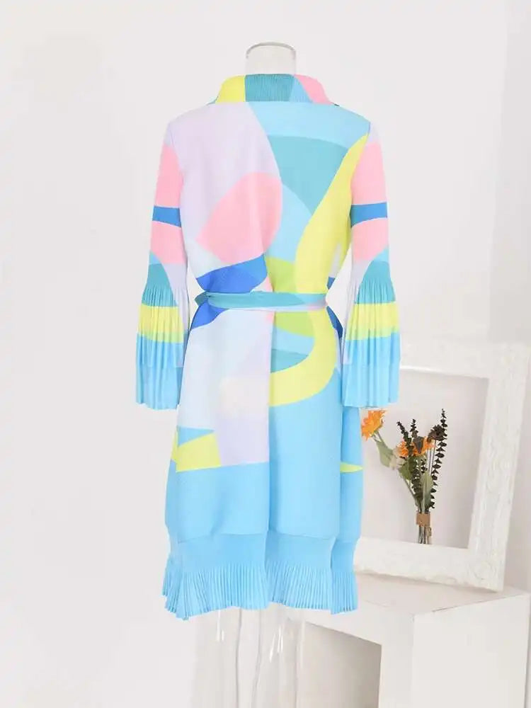 LANMREM Maxi Pleated Dress For Women Lapel Single Breasted Long Sleeves Color Block Tassel Hem Loose Chic Clothing Autumn 2R5928