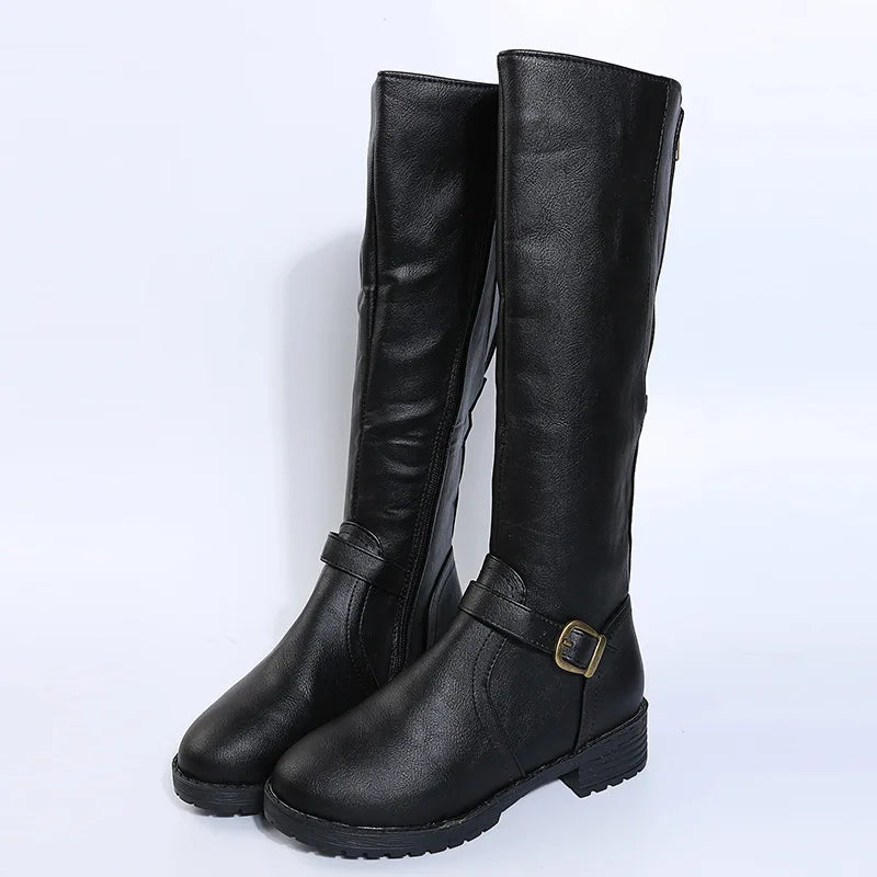 Women Knee High Boots Platform Long Boots Low Heels Round Toe Shoes New Zip Brown High Boot Vintage Pu Leather Women Boots 2025