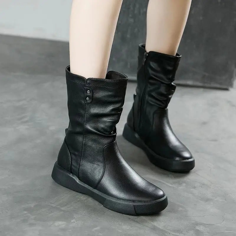 Footwear Half High Mid Calf Ladies Boots Flat Black Shoes For Women Round Toe Chic Point Hot Promotion Fashion 2025 Demi-season