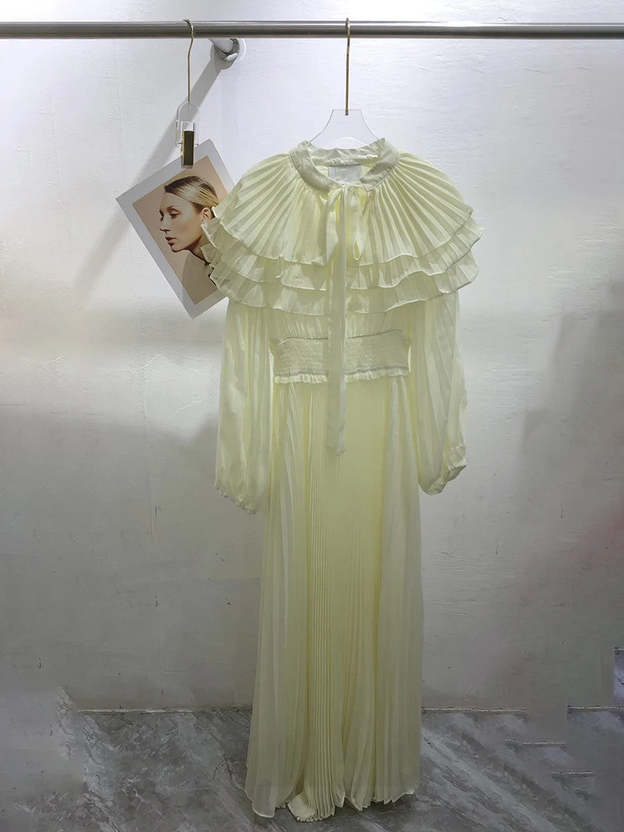 VGH Classy Layer Ruffled Stand Collar Chiffon Maxi Dress for Women Tie Neck Balloon Long Sleeve Smocked Waist Pleated for Party