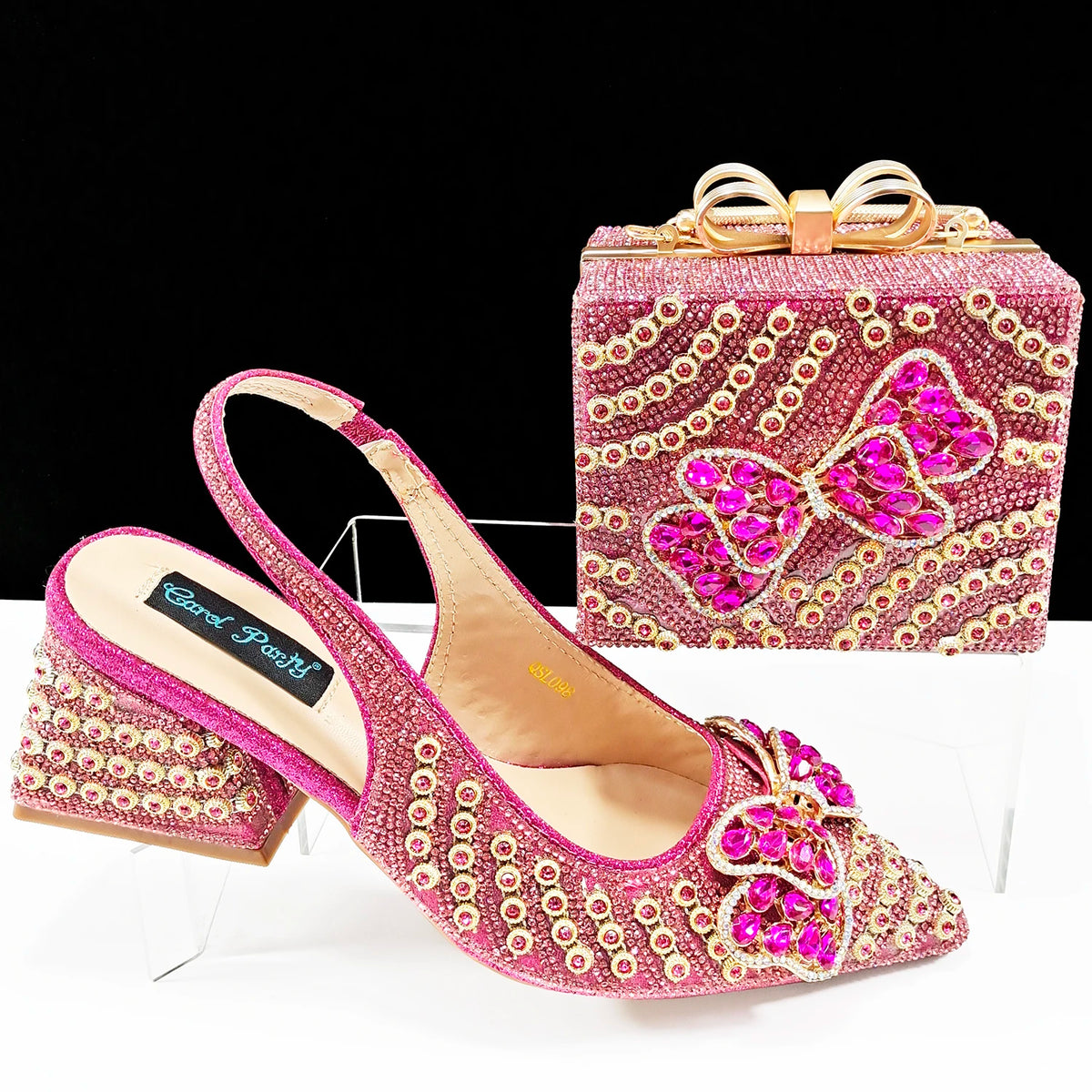 Women's Rhinestone Pointed Toe Heels & Handbag Set
