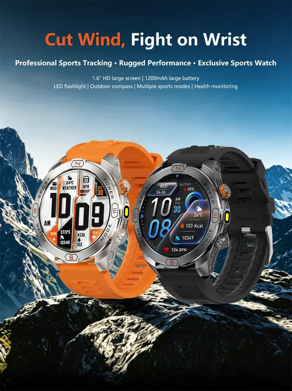 Military Grade 1200 mAh Battery Smart Watch Men LED Flashlight Outdoor Sports Fitness Tracker Compass Bluetooth Call Smartwatch