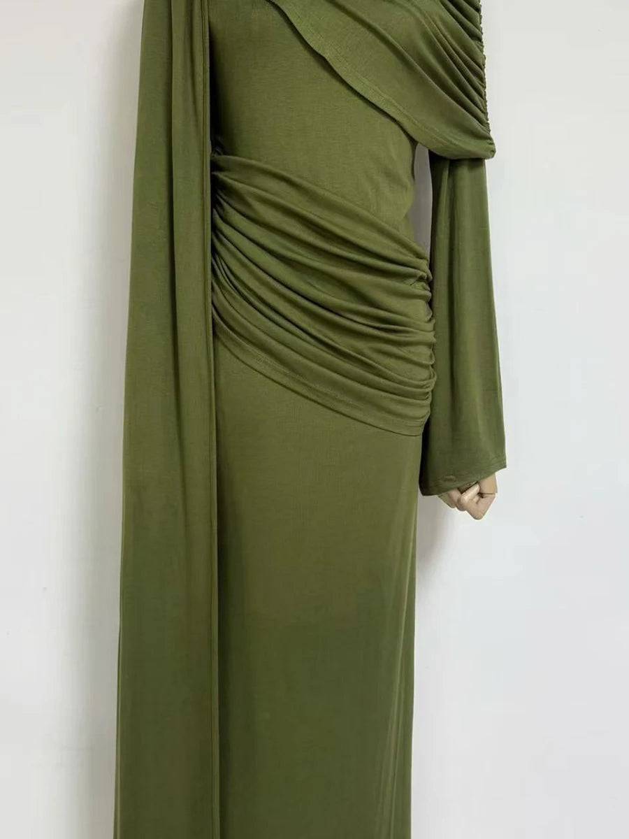 VGH Wedding Guests Green Shawl Mermaid Maxi Dress for Round Neck Flared Long Sleeve Draped Bodycon Skirt for Galas Red Carpet