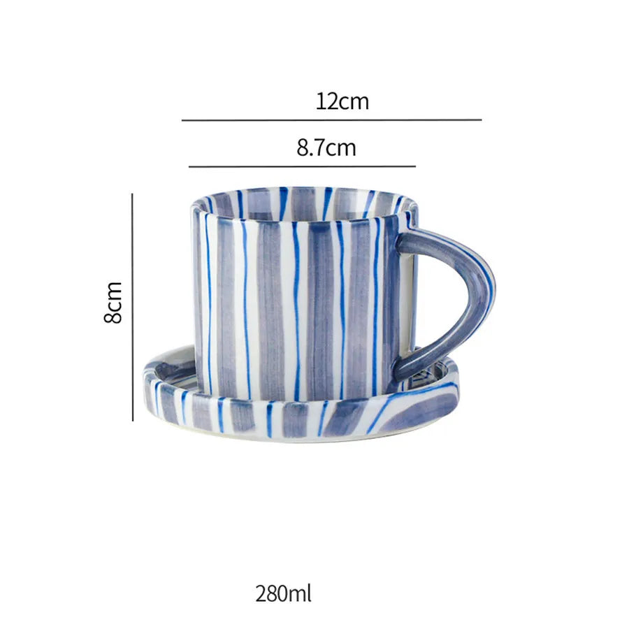 Minimalist Striped Ceramic Cup & Plate Set | 280ml Coffee Tea Cup |