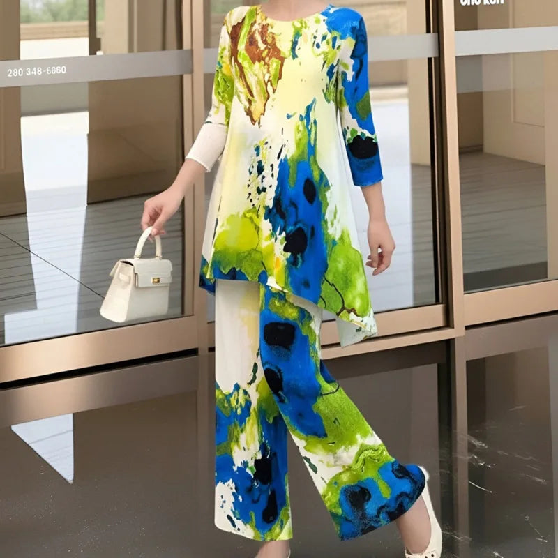 LANMREM Blue Green Tie-Dye Print Women's Two-piece Set Three-quarter Sleeves A-line Top Wide Leg Pants 2026 Spring New 2DB7115