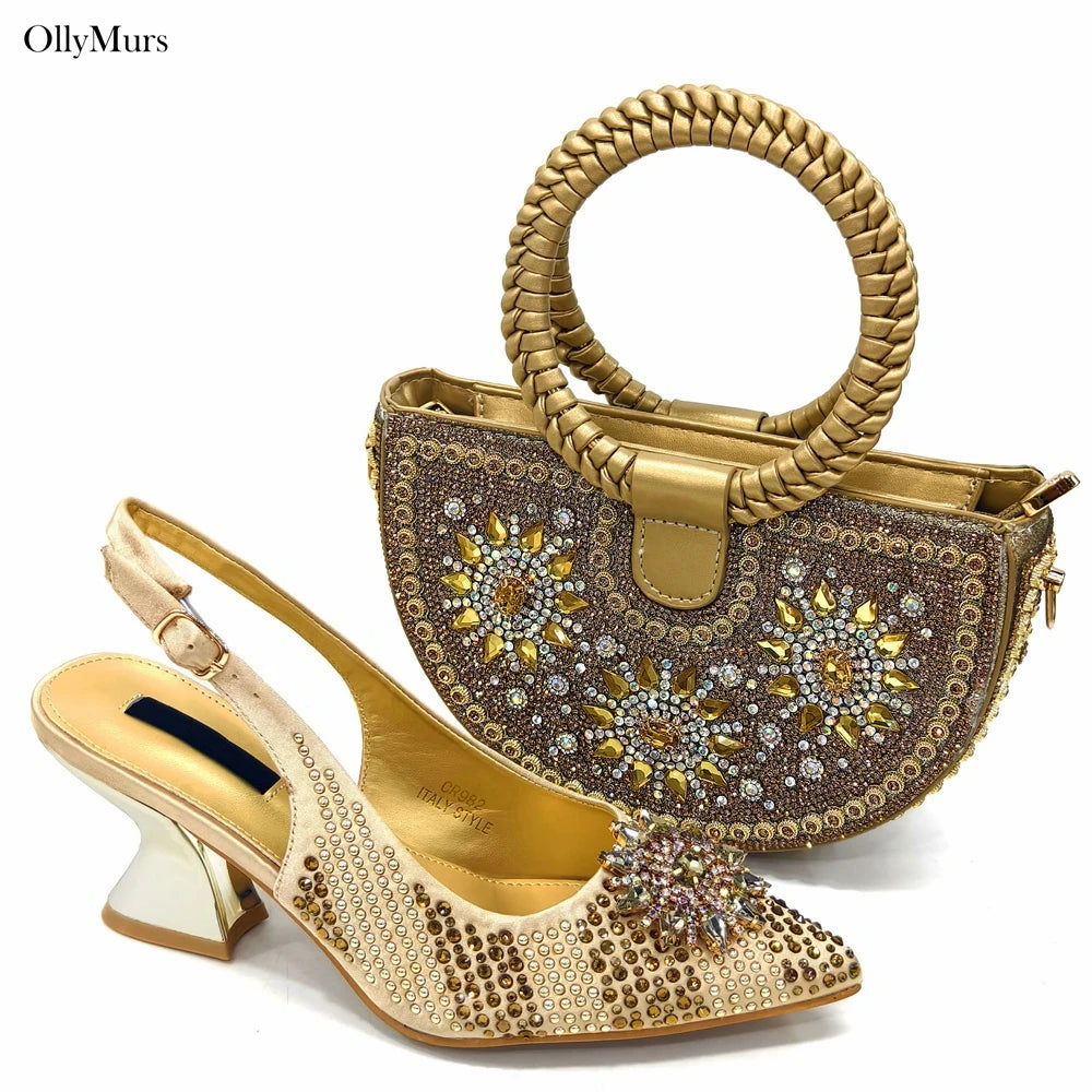 Italian Fashion Rhinestone Women Sanada Shoes And Bag Set Summer Style Woman Pumps Shoes And Bag Matching Set For Party