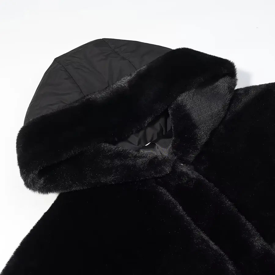 Women Fashion Hooded Patchwork Faux Fur Coat Knitted Sleeve Drop Shoulder Oversize Cotton Coats Autumn Winter 2026 Street Jacket