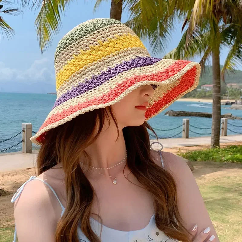 Women's Rainbow Crochet Sun Hat | Boho Wide Brim Beach Cap