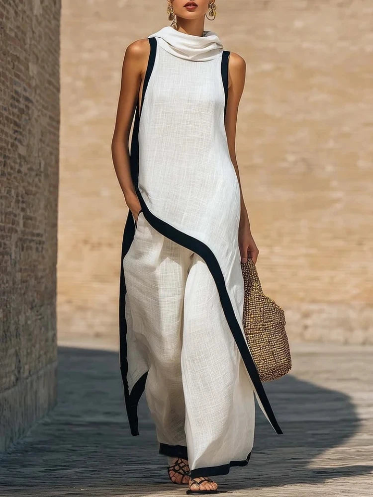 Women's Sleeveless Contrast Two-Piece Set & Wide-Leg Trousers