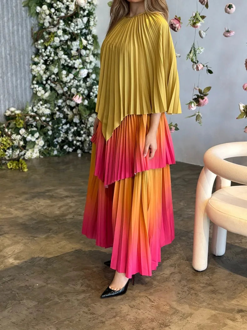 Women's Gradient Pleated Two-Piece Set | Irregular Top & High-Waist A-Line Skirt | Plus Size | AvantBah