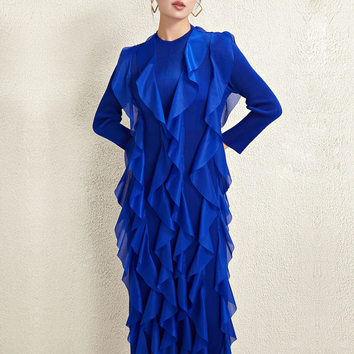 Miyake Style Pleated Dress for Women 2025 Solid Color Round Neck Long Sleeve Loose Large Size Ruffled Irregular Long Skirt