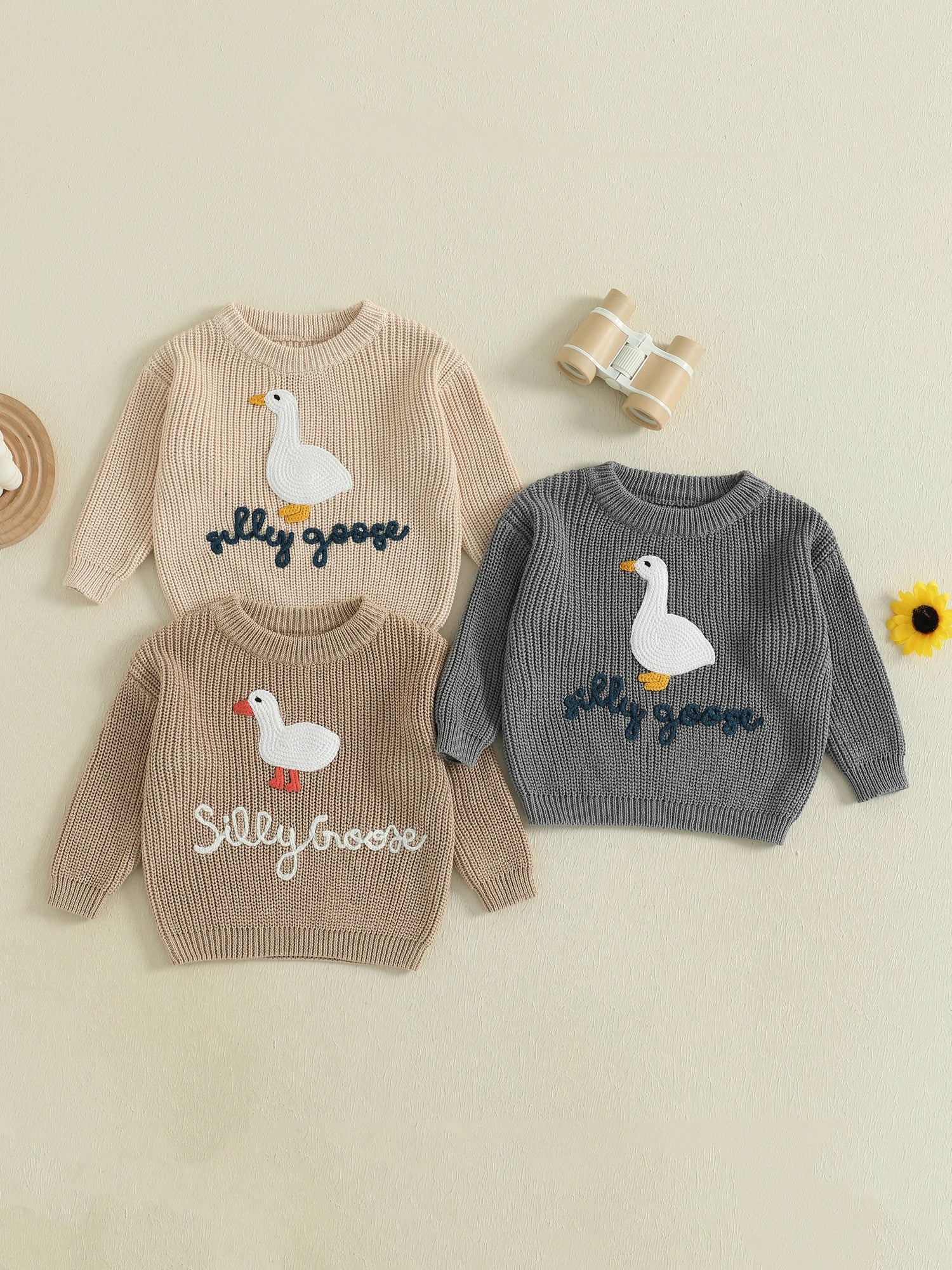 Infant Toddler Duck Sweater Cute Animal Embroidered Crewneck Long Sleeve Pullover Cozy Knit Tops for Baby Boys Girls