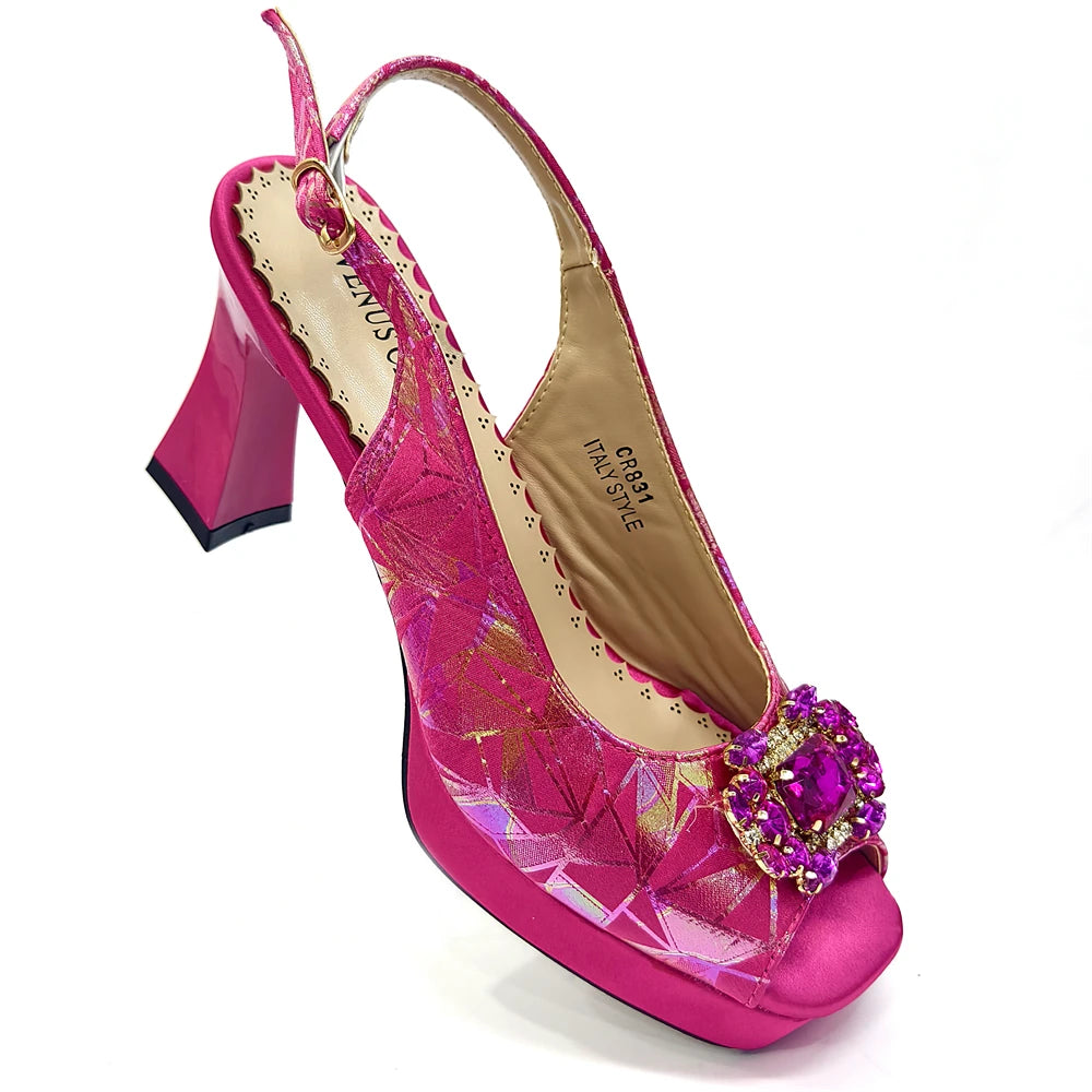 Elegant Women Heels for Peep Toe Good Material Design Rhinestone Fuchsia Sandals Italian Shoes and Bags