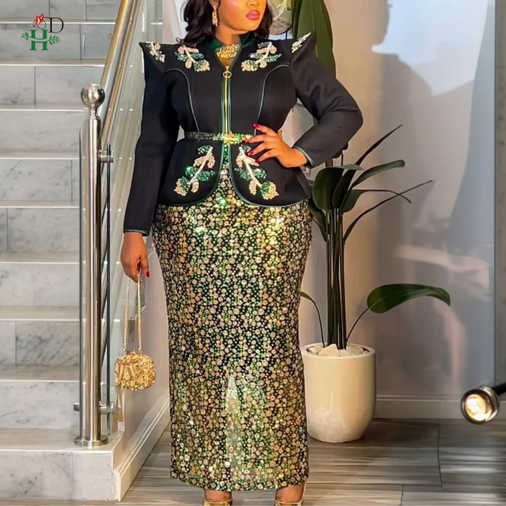 H&D African dresses for woman Turkey dress Sequin Diamond Robe Africaine African clothing Fashion Boubou Africain femme 2026 New