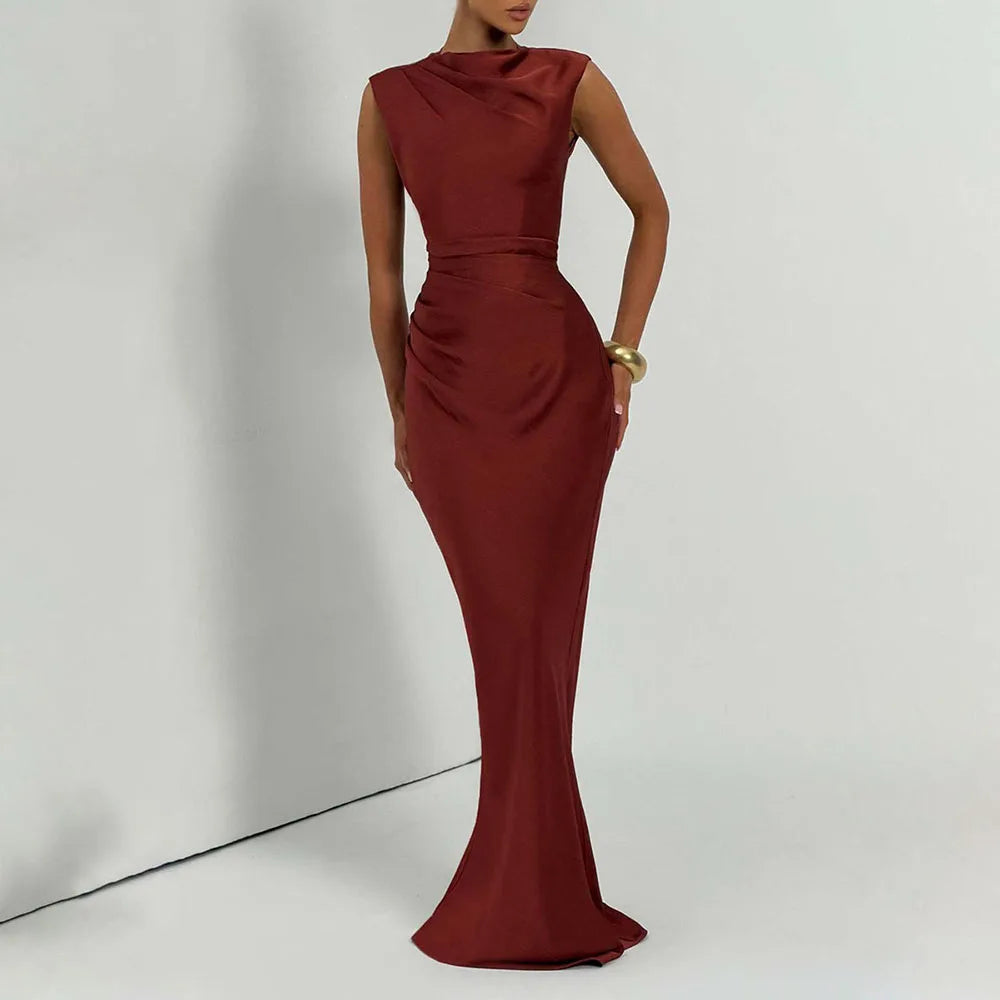 Women’s Satin Cowl Neck Mermaid Maxi Dress – Sleeveless | Ruched Waist | Floor-Length | Elegant Evening & Banquet | S–XL | Black & Wine Red
