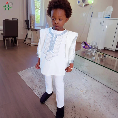 Boys' African Dashiki 3-Piece Set – Embroidered Robe, Long Sleeve Top & Trousers | Cotton-Polyester | Ages 2–10 | 3 Colours