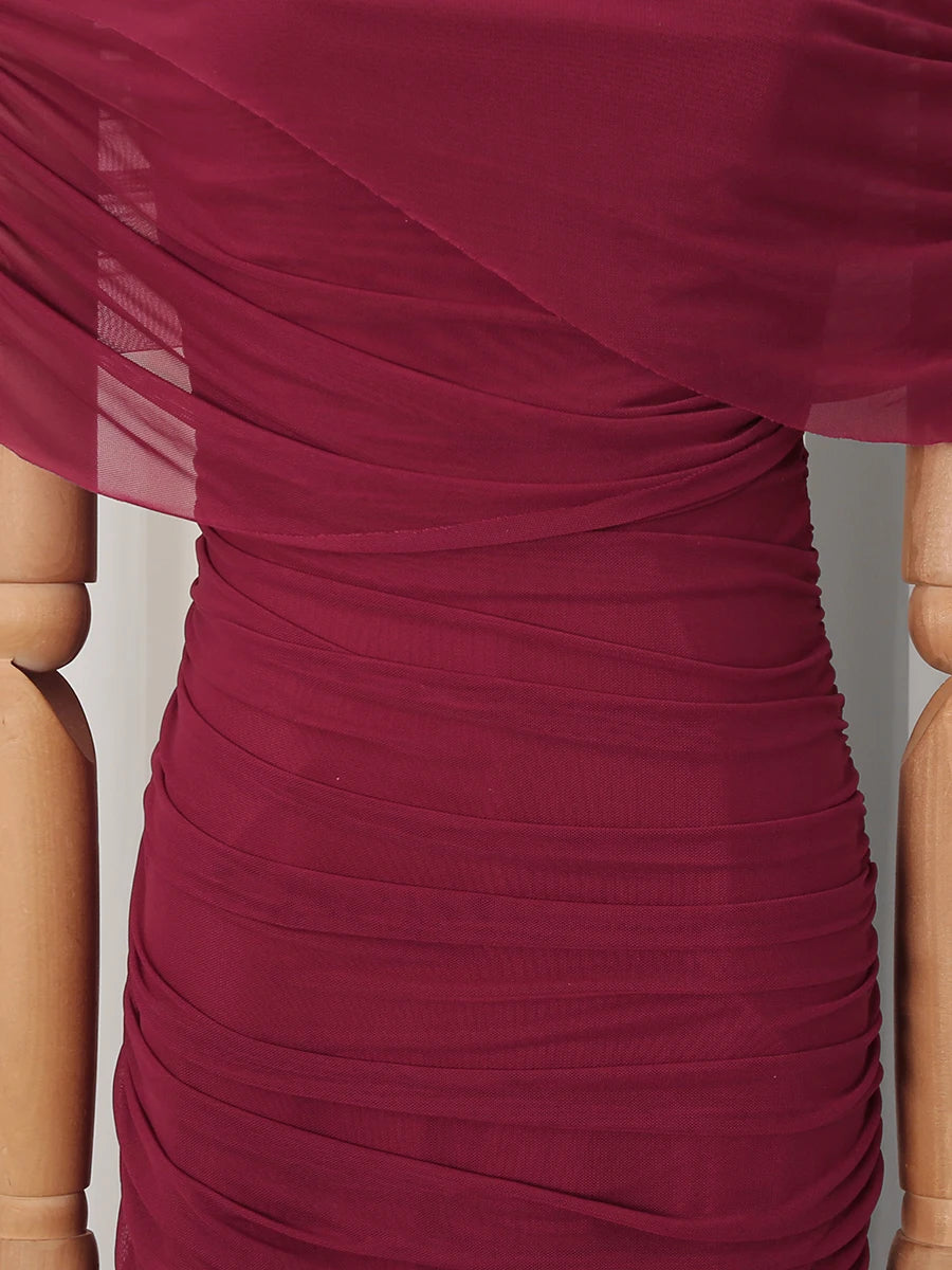 VGH Luxury Galas Event Black Sheer Mesh Ruched Maxi Dress for Women O Neck Short Sleeves Bodycon Silhouette Skirt for Red Carpet