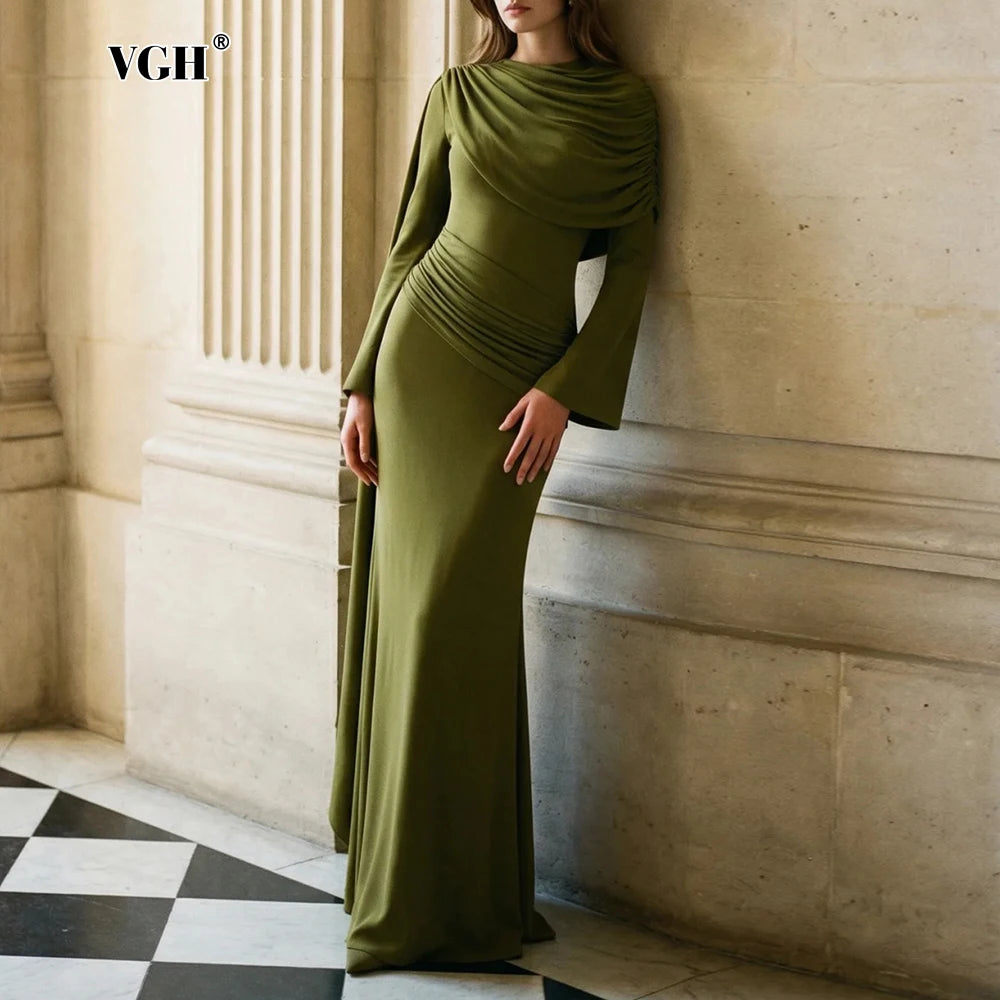 VGH Wedding Guests Green Shawl Mermaid Maxi Dress for Round Neck Flared Long Sleeve Draped Bodycon Skirt for Galas Red Carpet