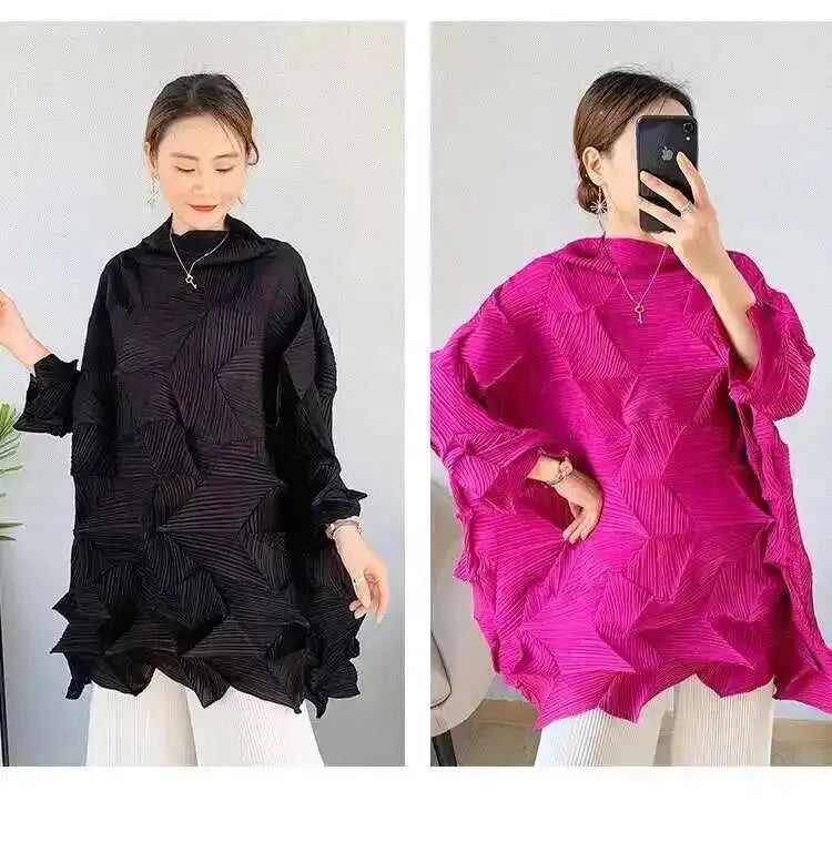 Women's Pleated Stand Collar Top | Loose Solid Colour Chic T-Shirt | Spring Summer 2026 | AvantBah