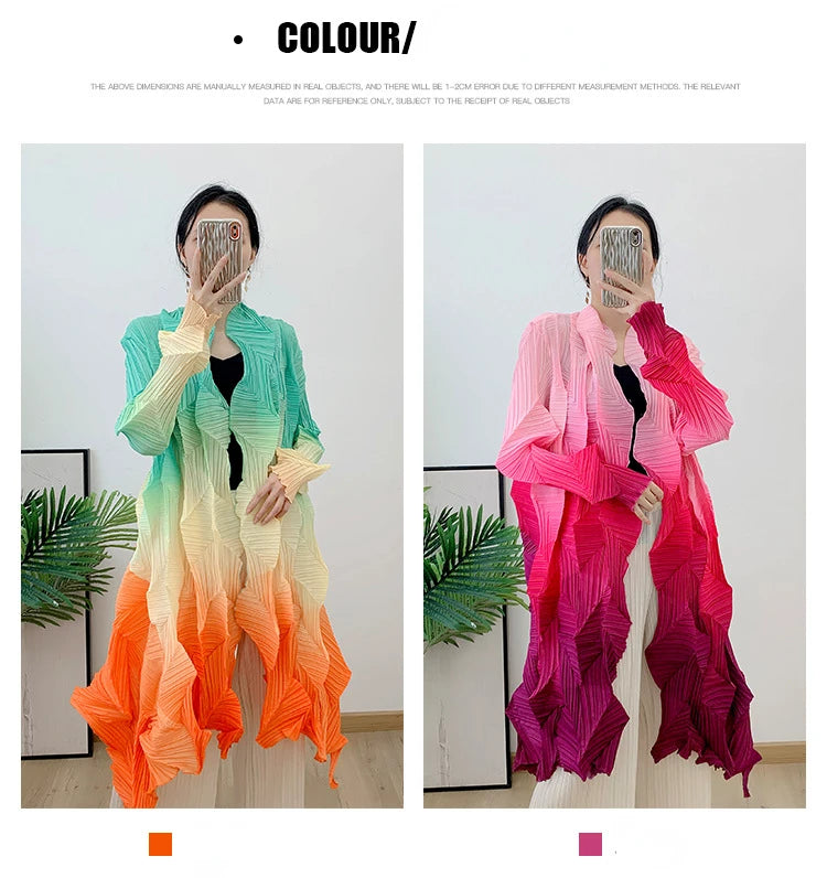 Women's Miyake Pleated Gradient Cardigan Cape Jacket | Loose Mid-Length Autumn Coat 2025 | AvantBah