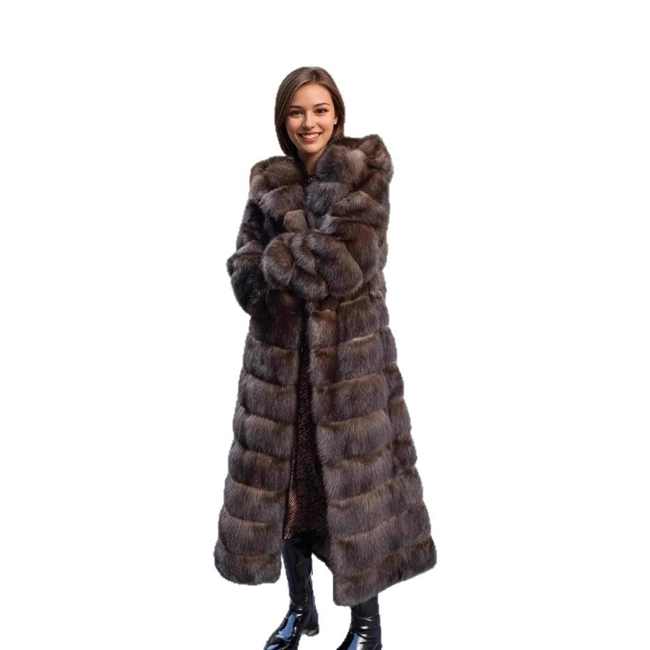 Manteau Chic Vintage Marron pour Femme, en Fausse Fourrure, à Capuche, Chaud, Épais, avec Bordure en Fourrure, Respectueux de l'Environnement