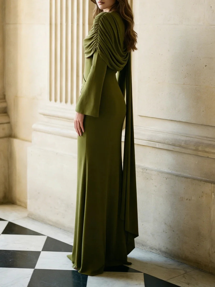 VGH Wedding Guests Green Shawl Mermaid Maxi Dress for Round Neck Flared Long Sleeve Draped Bodycon Skirt for Galas Red Carpet