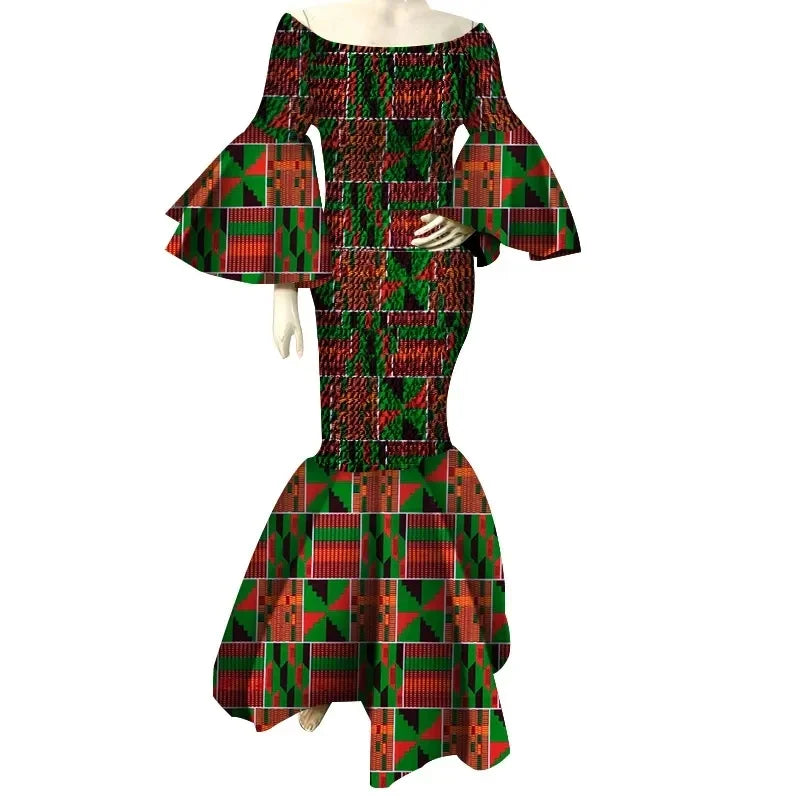 Women’s Ankara Print Ruffle Sleeve Stretch Maxi Dress – Draped | Kanga | Wedding, Party & Casual | XS–6XL + Custom | 9 Prints
