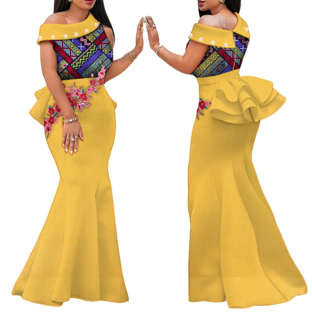 African Print Dresses for Women Riche Applique Draped Peals Long Dress Party Vestidos Traditional African Lady Clothing WY444