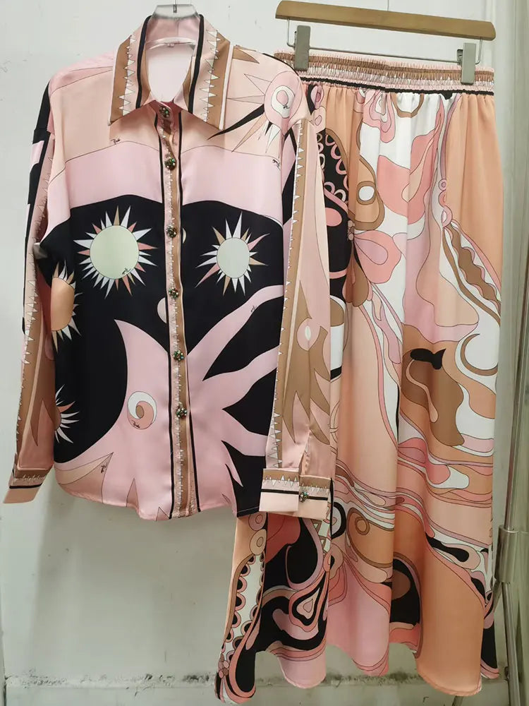 Retro Spring Fashion Two-Piece Set Geometric Print Long Sleeve Shirt Elastic Waist Fluffy Skirt Women's Holiday Outfit