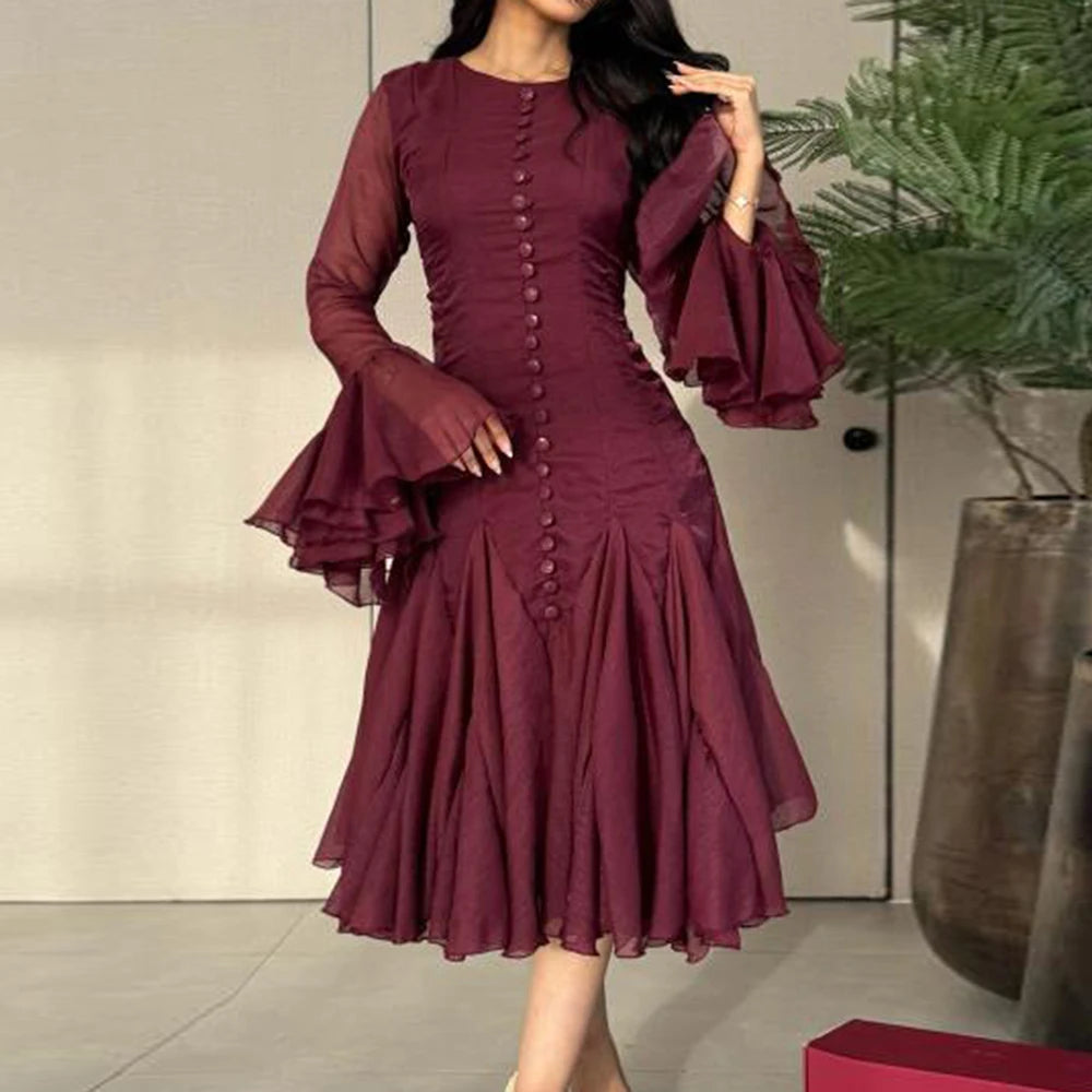 Women's Patchwork Ruffle-Sleeve A-Line Midi Dress