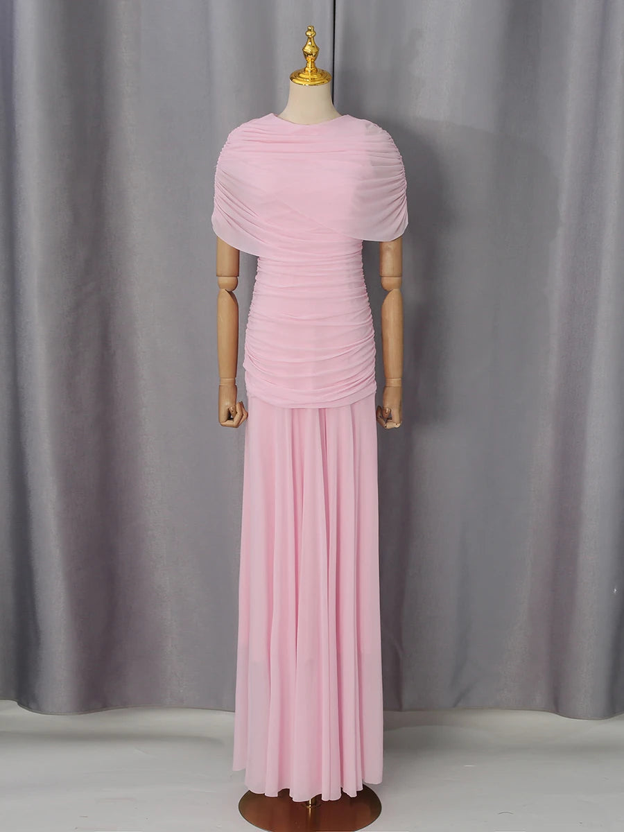 VGH Luxury Galas Event Black Sheer Mesh Ruched Maxi Dress for Women O Neck Short Sleeves Bodycon Silhouette Skirt for Red Carpet