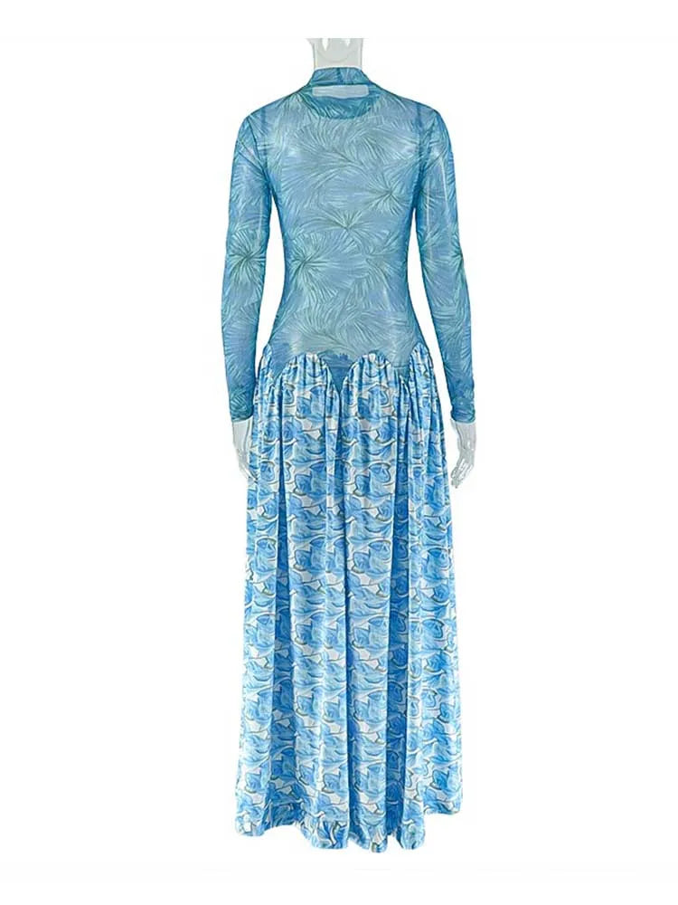 Robe longue femme automne bleu clair, manches longues, taille ajustée, col mi-montant, chic élégante, tenue de soirée
