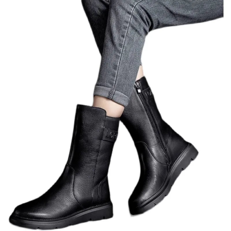 Genuine Leather Mid-Calf Motorcycle Boots Women's Autumn Winter New Style Retro Soft Bottom  Boots Trendy Short Boots