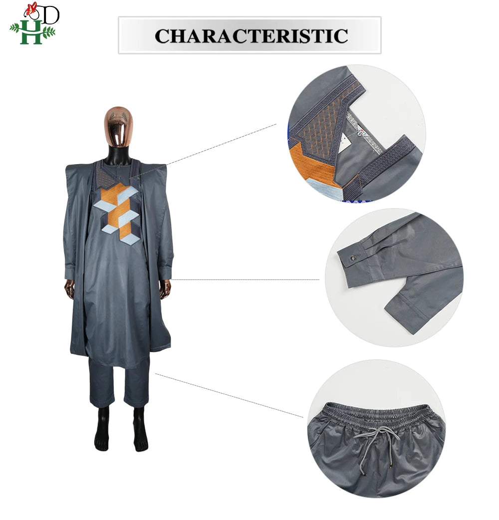 Men's 3-Piece African Embroidery Set | Gray Plus Size Traditional Wear 2025