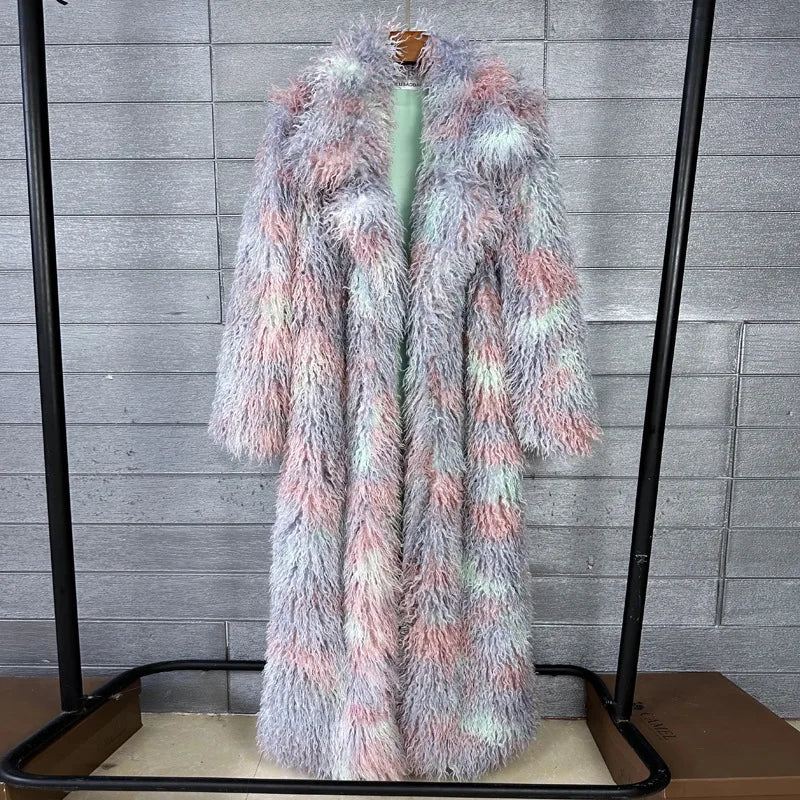 LANMREM Trendy Women's Faux Fur Coat Printed Colorful Furry Coats Autumn Winter Chic Suit Collar Thick Long Overcoat 2DB5840
