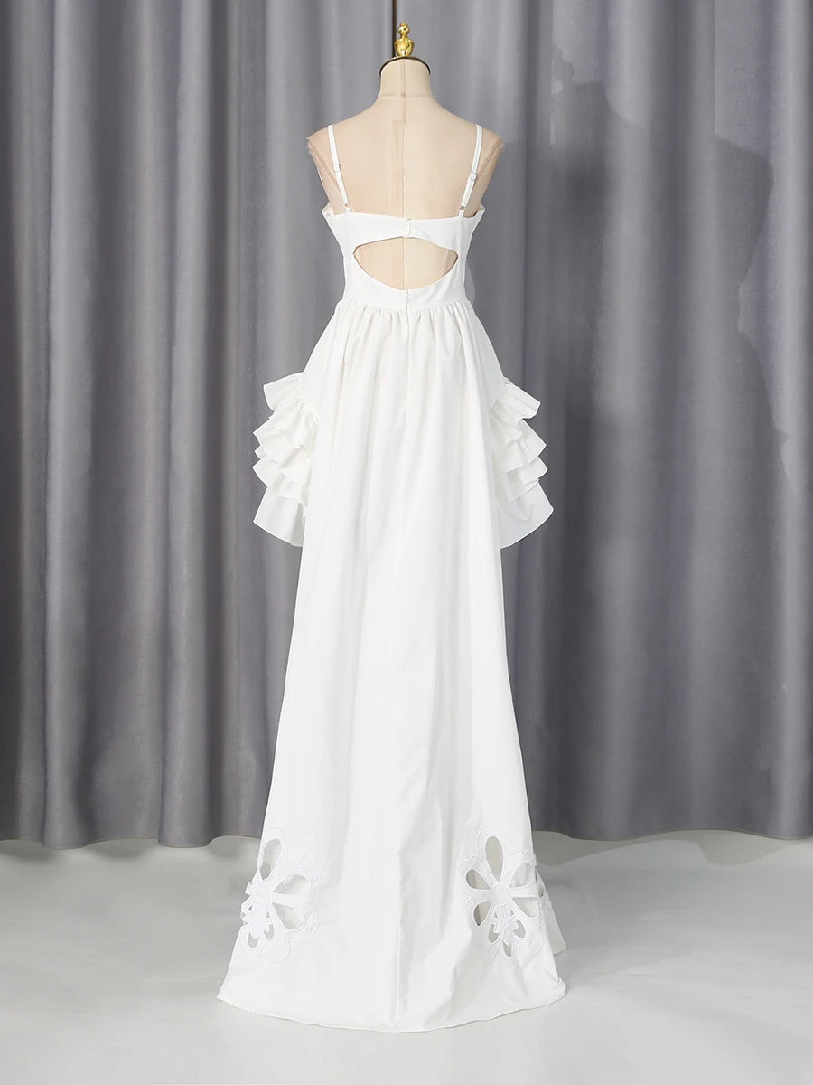 VGH Romantic Boho Delicate Dreamy Ruffled Summer High Low Dress for Women Spaghetti Strap Floral Cutout Hollow Maxi Party Gown