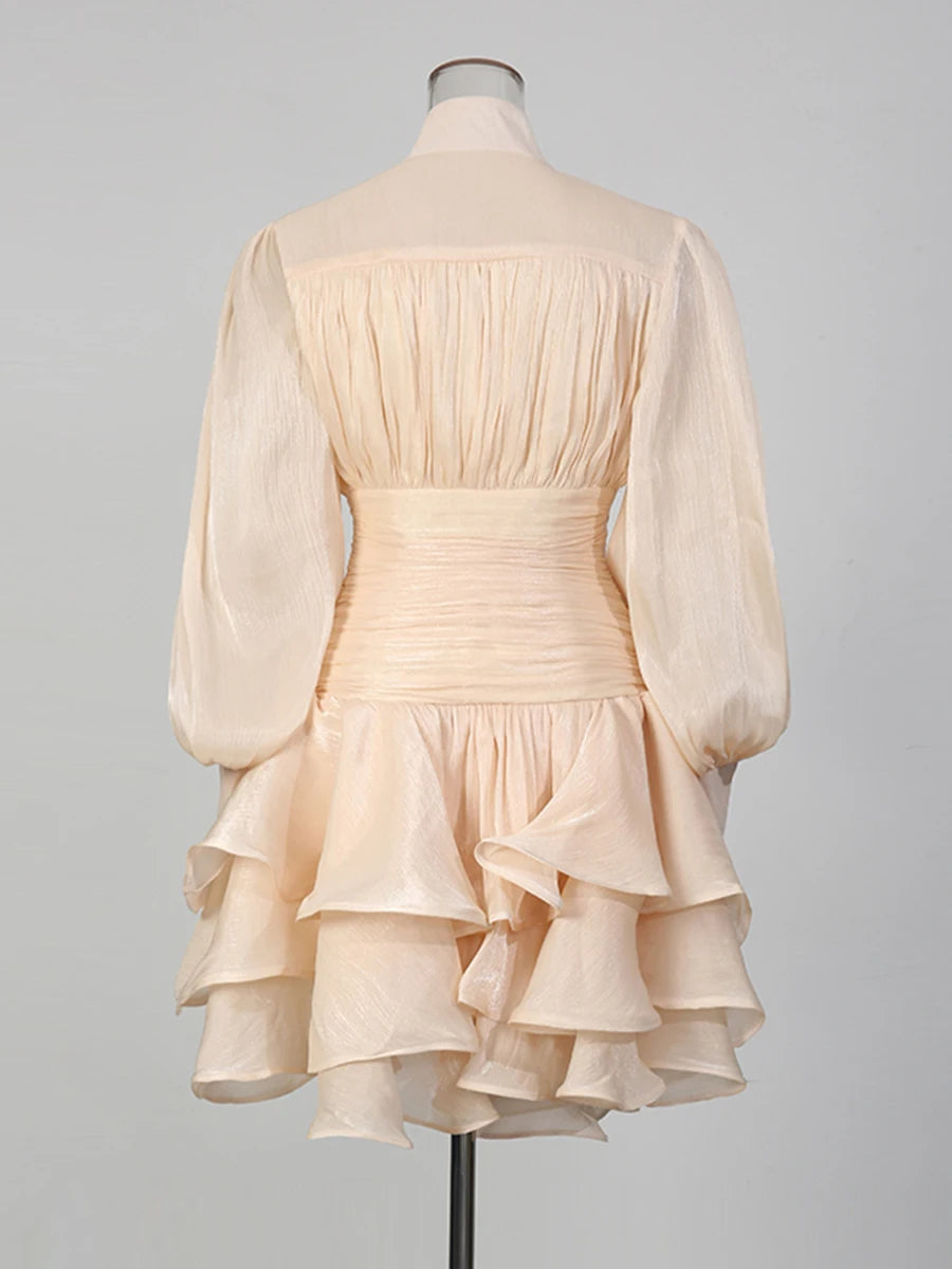 VGH Elegant Pink High Neck Organza Fabric Mini Dresses for Women Puff Sleevs Ruched Waist Tiered Ruffles for Cocktail Parties