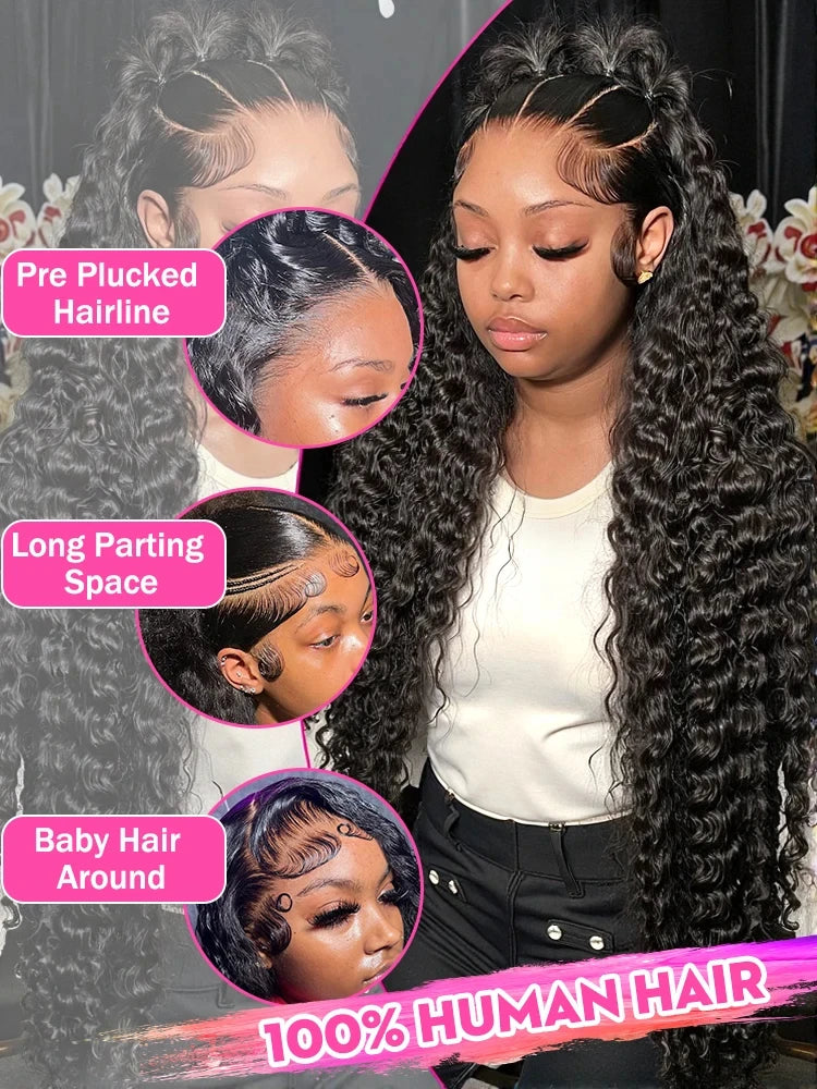 Perruques de cheveux humains brésiliens bouclés à l'eau pré-épilées Hd 250 % Loose Deep Wave 30 38 40 pouces 13x6 HD Lace Frontal