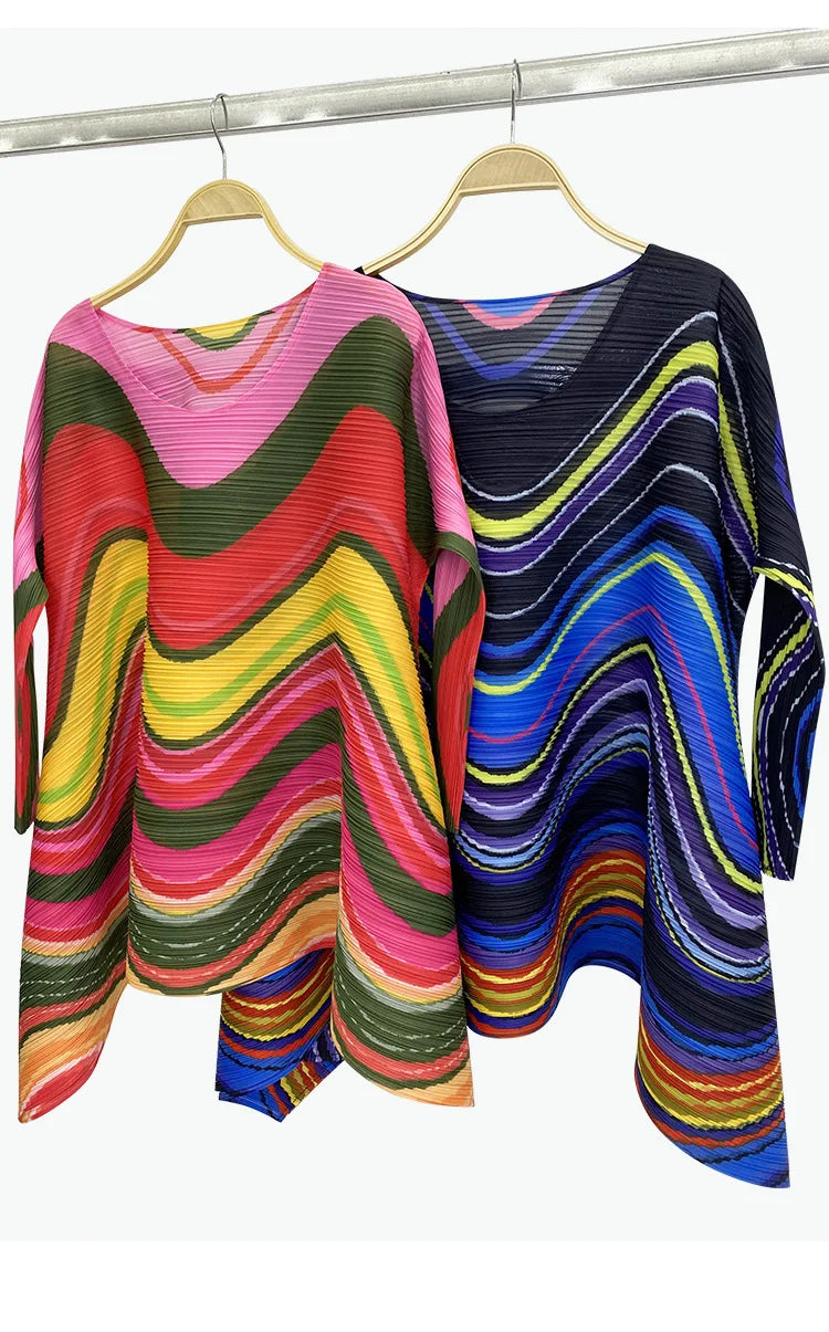 2025 Spring New Women's 2 Piece Set Miyake Pleated Top Fashion Stripe Age Reducing Suit Fashionable Matching Printed Half Skirt