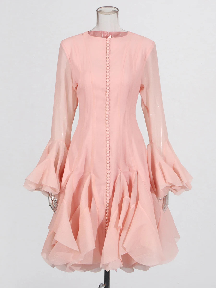 VGH Patchwork Irregular Hem Midi Dress for Women Round Neck Ruffles Sleeve High Waist Temperament Elegant Prom Dresses Female