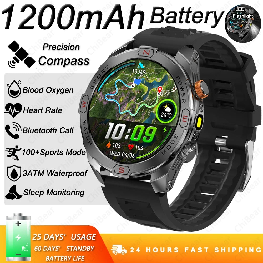 Military Grade 1200 mAh Battery Smart Watch Men LED Flashlight Outdoor Sports Fitness Tracker Compass Bluetooth Call Smartwatch