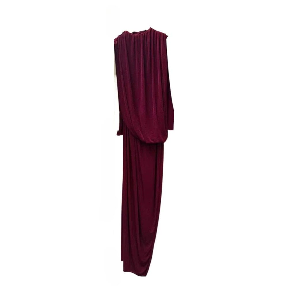Spliced Folds Irregular Tunic Dress | Long Sleeve A-Line Ankle-Length Dress