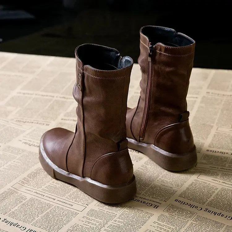 Footwear Half High Mid Calf Ladies Boots Flat Black Shoes For Women Round Toe Chic Point Hot Promotion Fashion 2025 Demi-season