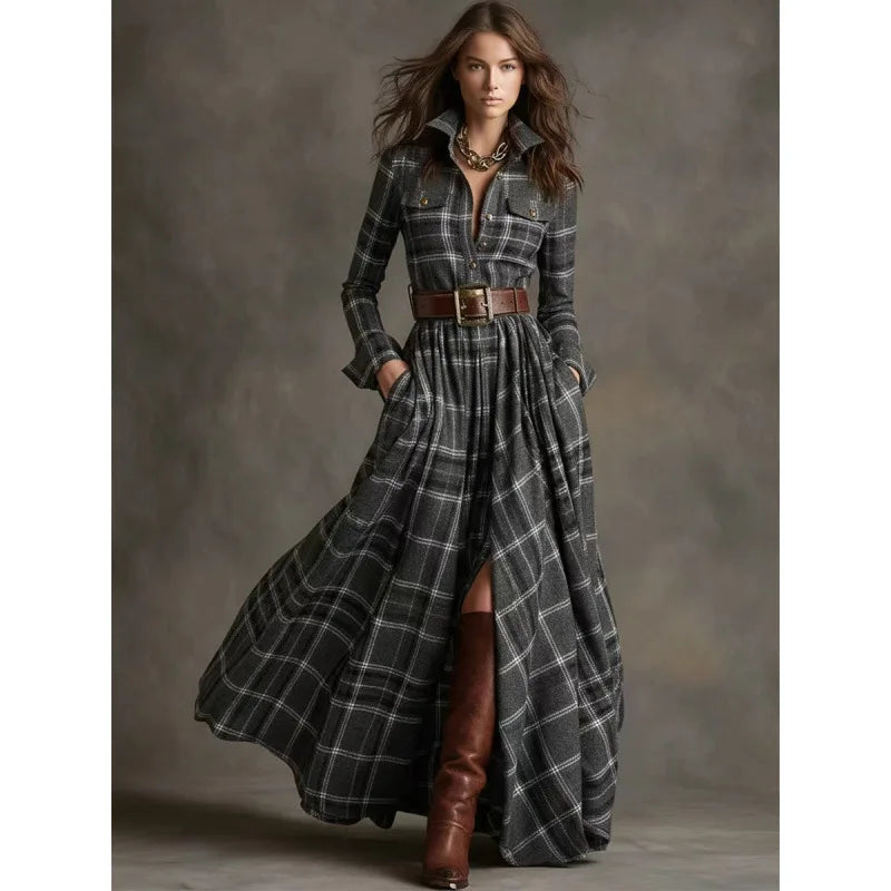 French Retro Plaid Maxi Shirt Dress – Slit | Belted | Polo Collar | Princess Sleeves | Pockets | S–XXL | 6 Colours