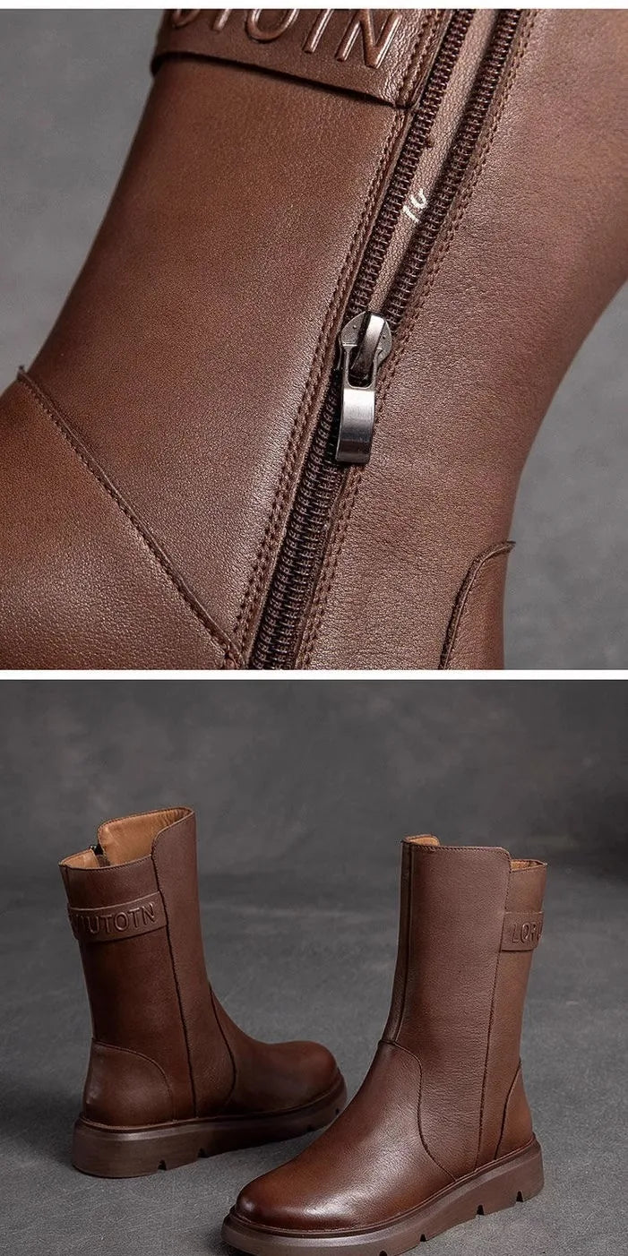 Genuine Leather Mid-Calf Motorcycle Boots Women's Autumn Winter New Style Retro Soft Bottom  Boots Trendy Short Boots