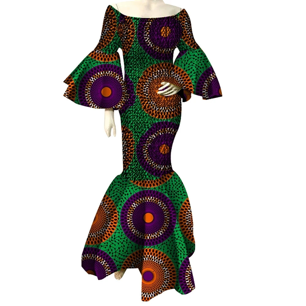 New African Dresses for Women Print Ruffles Sleeve Long Dresses Vestidos Stretch African Ankara Dresses Clothing WY4303