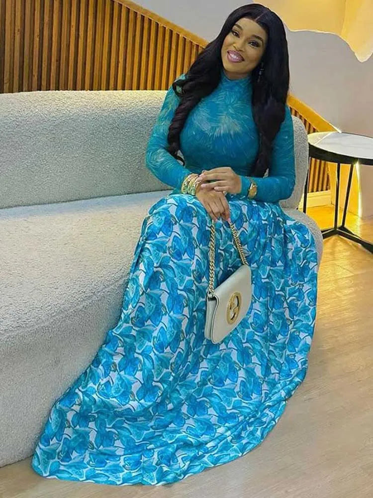 Robe longue femme automne bleu clair, manches longues, taille ajustée, col mi-montant, chic élégante, tenue de soirée
