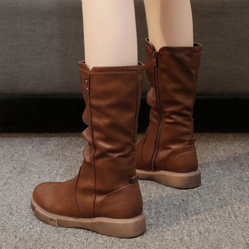 Footwear Half High Mid Calf Ladies Boots Flat Black Shoes For Women Round Toe Chic Point Hot Promotion Fashion 2025 Demi-season